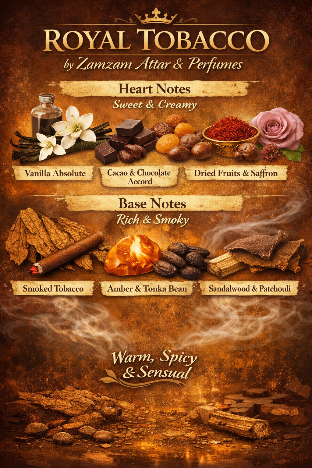 Royal Tobacco Extrait de Parfum – 48 Hours Longevity, 40 ml Pure Fragrance Oil, 100 ml Spray | Zamzam Attar & Perfumes