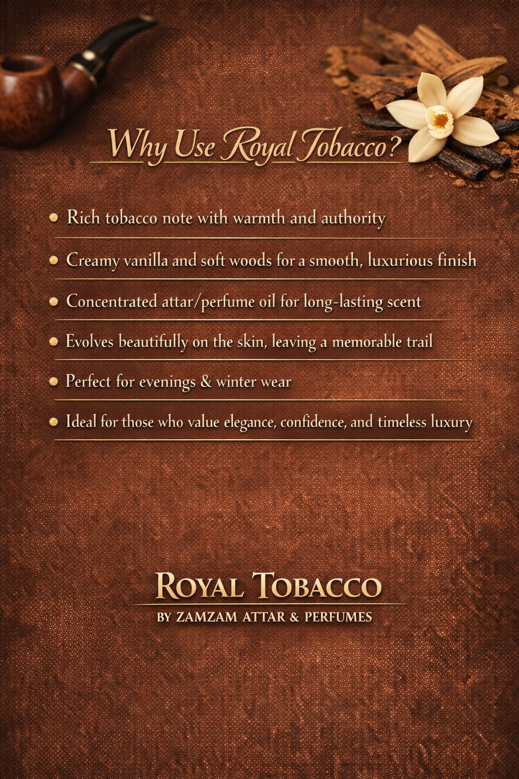 Royal Tobacco Extrait de Parfum – 48 Hours Longevity, 40 ml Pure Fragrance Oil, 100 ml Spray | Zamzam Attar & Perfumes