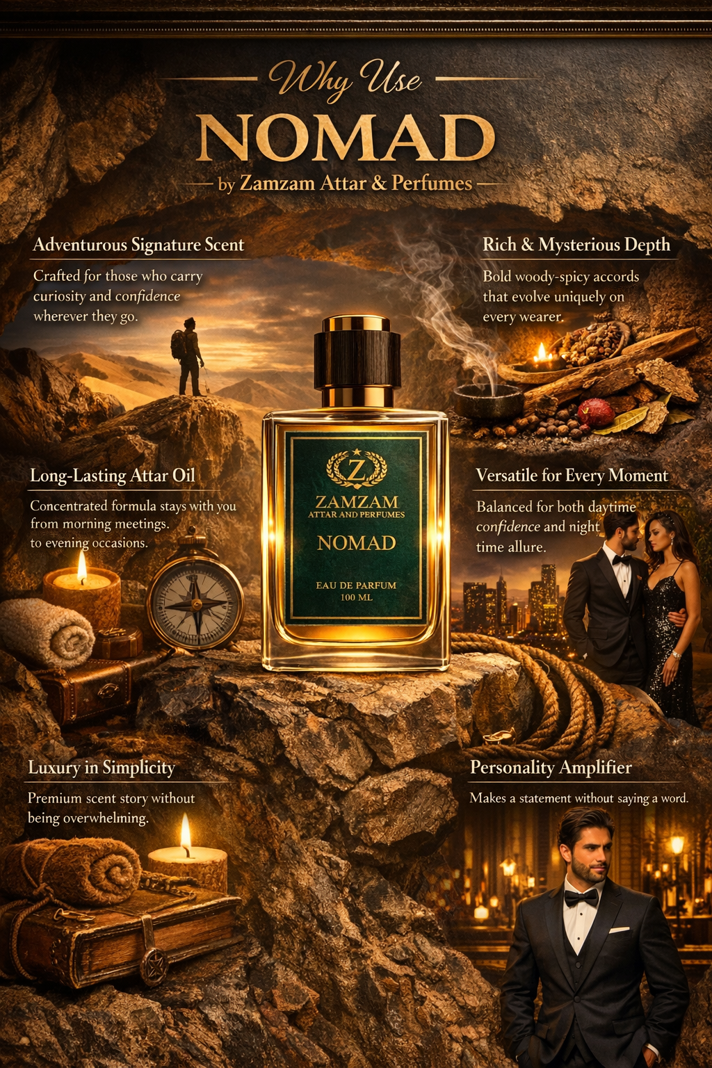 Nomad Extrait de Parfum – 48 Hours Longevity, 40 ml Pure Fragrance Oil, 100 ml Spray | Zamzam Attar & Perfumes