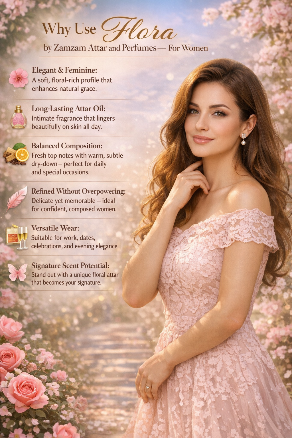 Flora Extrait de Parfum – 48 Hours Longevity, 40 ml Pure Fragrance Oil, 100 ml Spray | Zamzam Attar & Perfumes