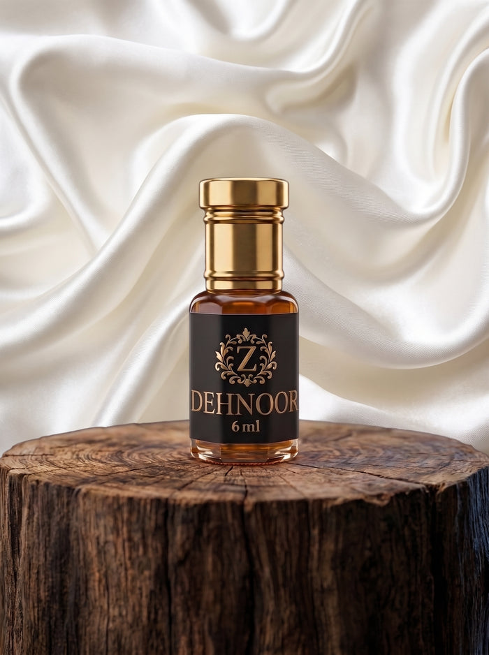 Dehnoor saffron rose and oudh attar bottle by Zamzam