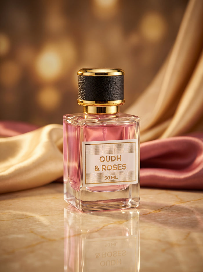 Oudh and Roses rose and blue oud extrait bottle by Zamzam