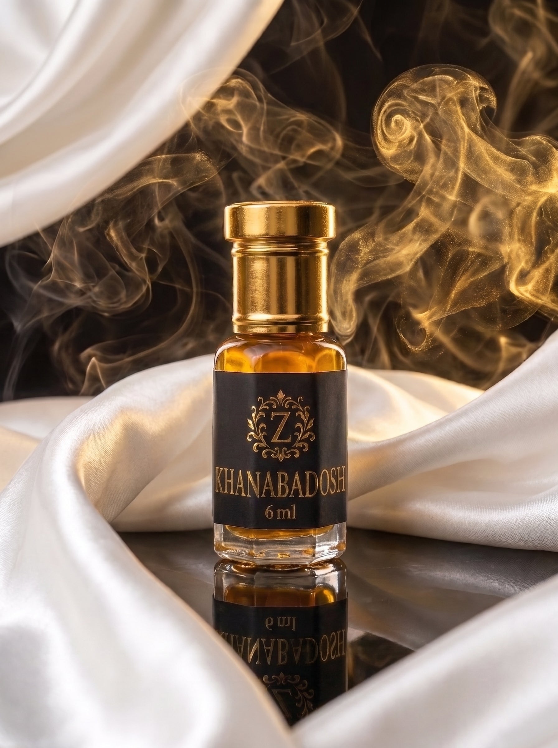 Khanabadosh smoky oudh and leather attar bottle by Zamzam